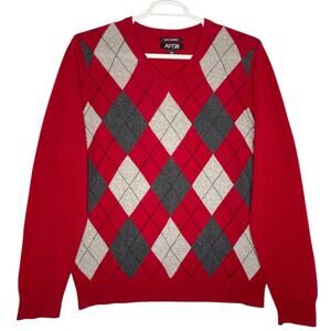 Apt 9 Mens V Neck Cashmere Sweater Large Red Gray Preppy Academia Winter Cozy